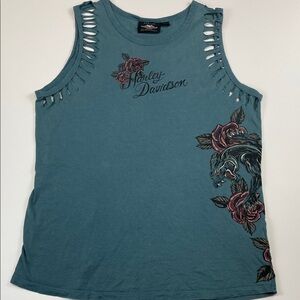 Harley-Davidson Teal Cutout Tank Roses Graphic Sleeveless Women’s Large